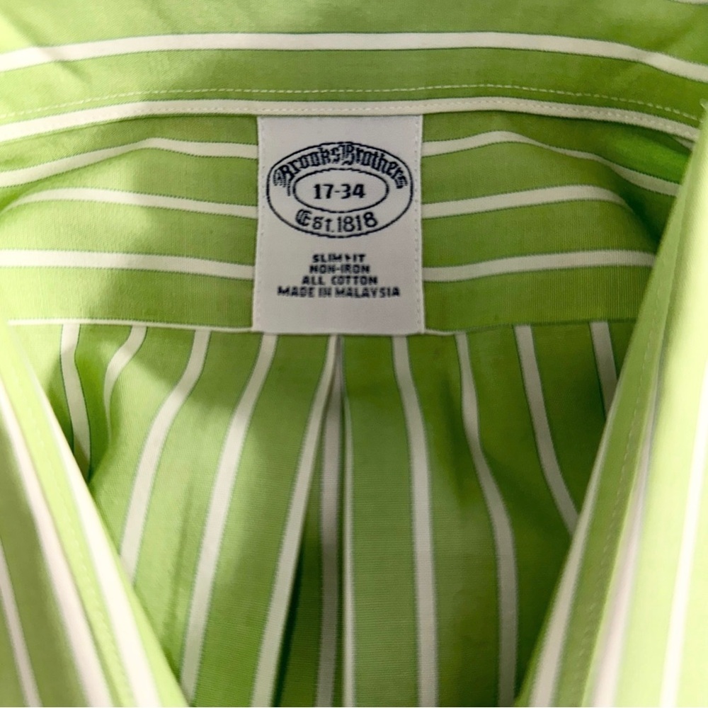 Brooks Brothers Dress Shirt Mens 17-34 Cotton Slim Fit Green & White Stripe - Picture 3 of 9